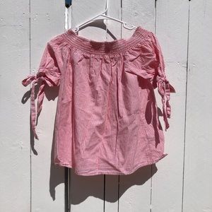 Vintage Off-the-Shoulder Pastel Pink & White Striped Puff Sleeve Blouse